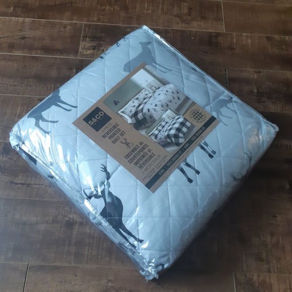New Buffalo Plaid 3-Piece Quilt Set • Reversible Grey Deer • KING - Picture 3 of 4